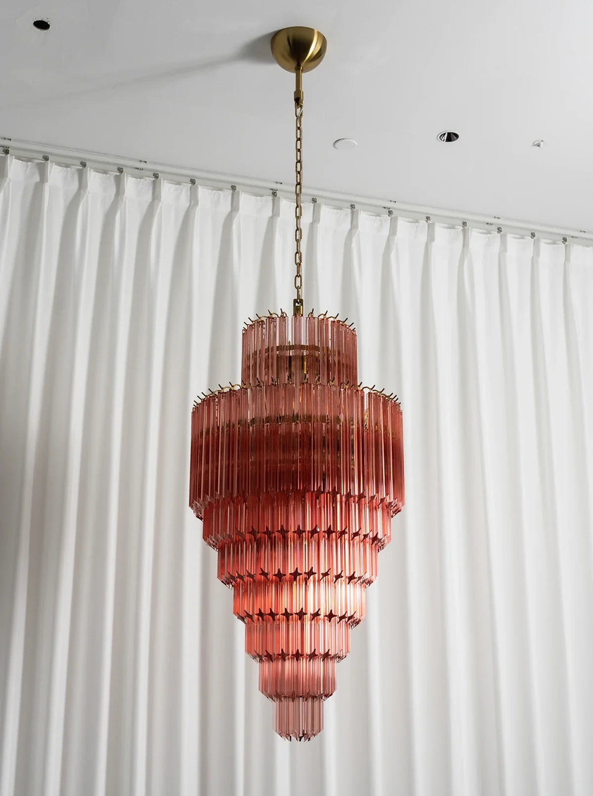 Pink Tiered Fluted Glass Waterfall Chandelier