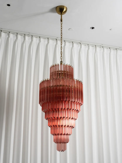 Pink Tiered Fluted Glass Waterfall Chandelier