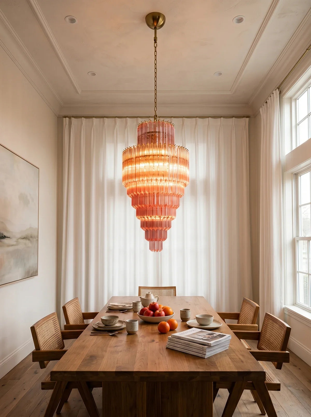 Pink Tiered Fluted Glass Waterfall Chandelier
