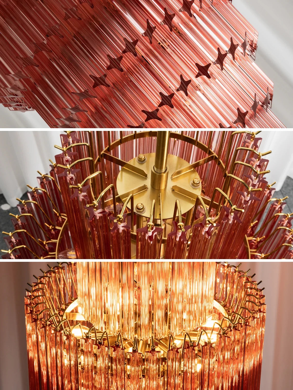 Pink Tiered Fluted Glass Waterfall Chandelier