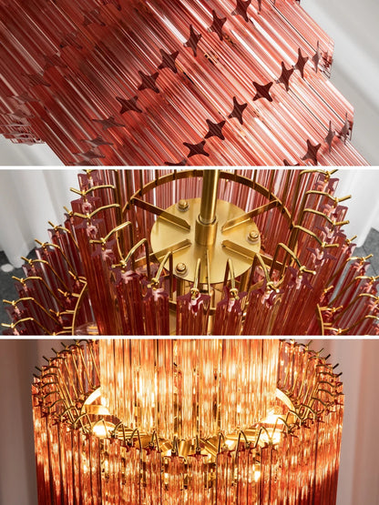 Pink Tiered Fluted Glass Waterfall Chandelier