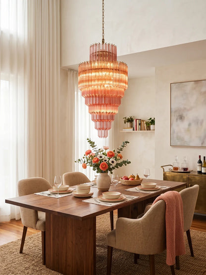 Pink Tiered Fluted Glass Waterfall Chandelier