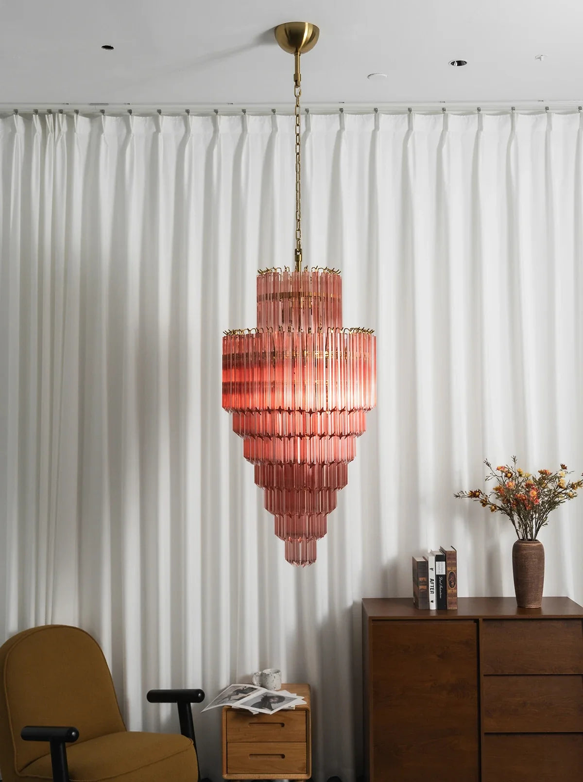 Pink Tiered Fluted Glass Waterfall Chandelier