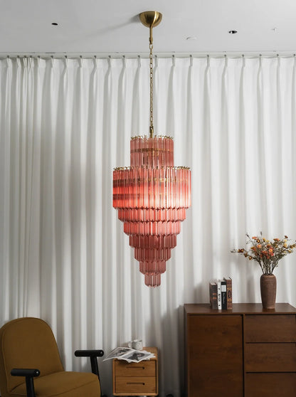 Pink Tiered Fluted Glass Waterfall Chandelier