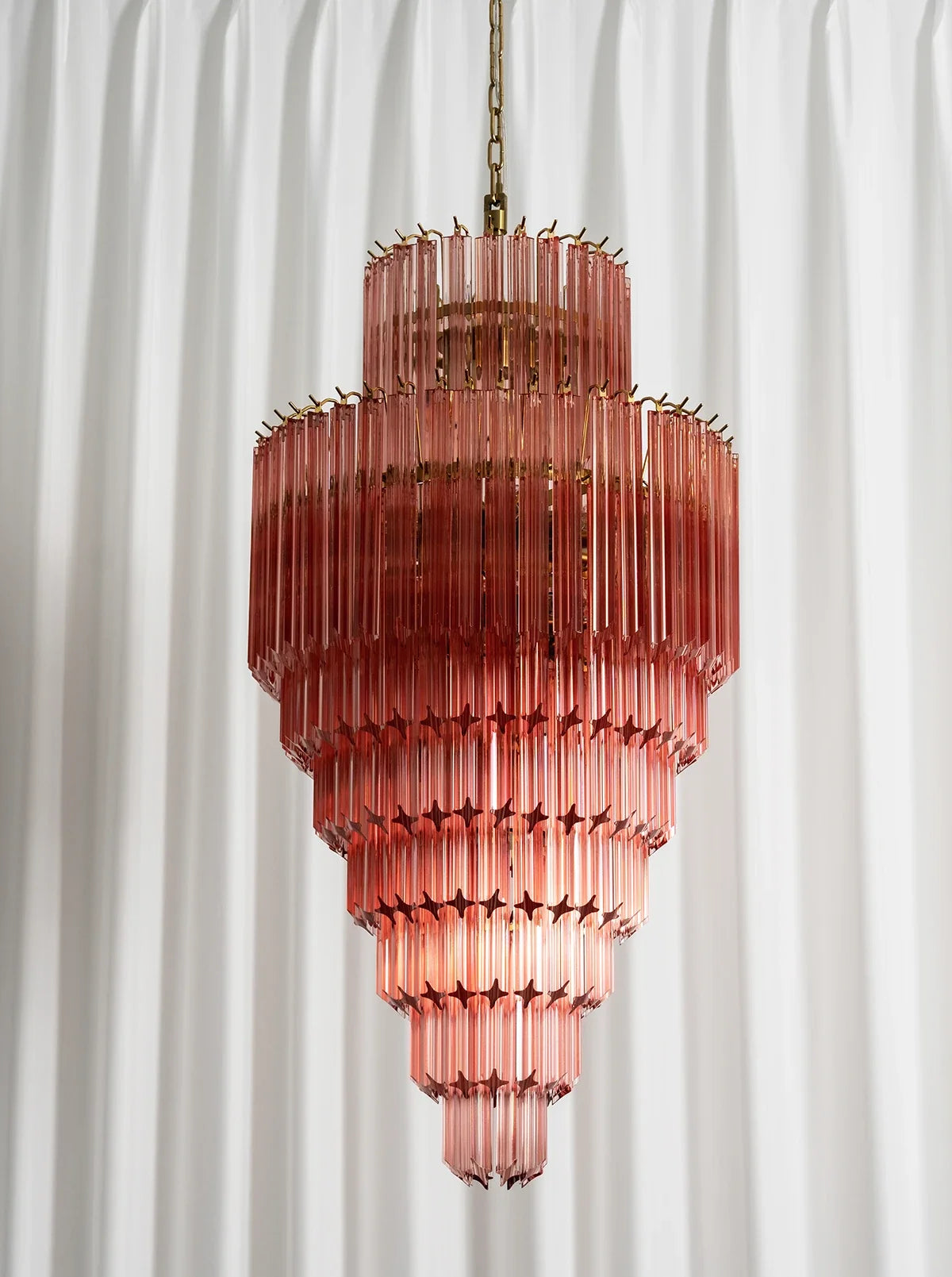 Pink Tiered Fluted Glass Waterfall Chandelier