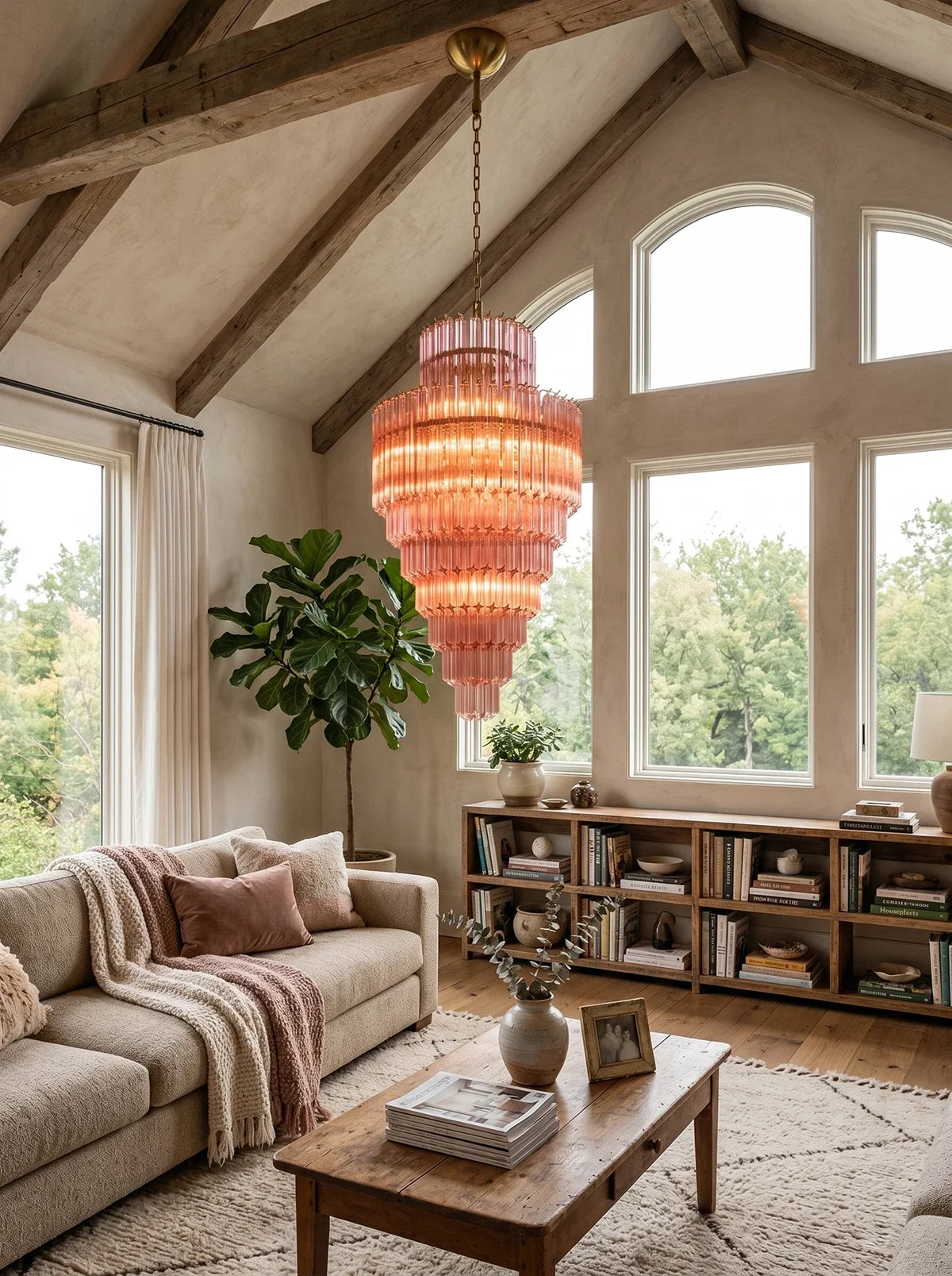 Pink Tiered Fluted Glass Waterfall Chandelier