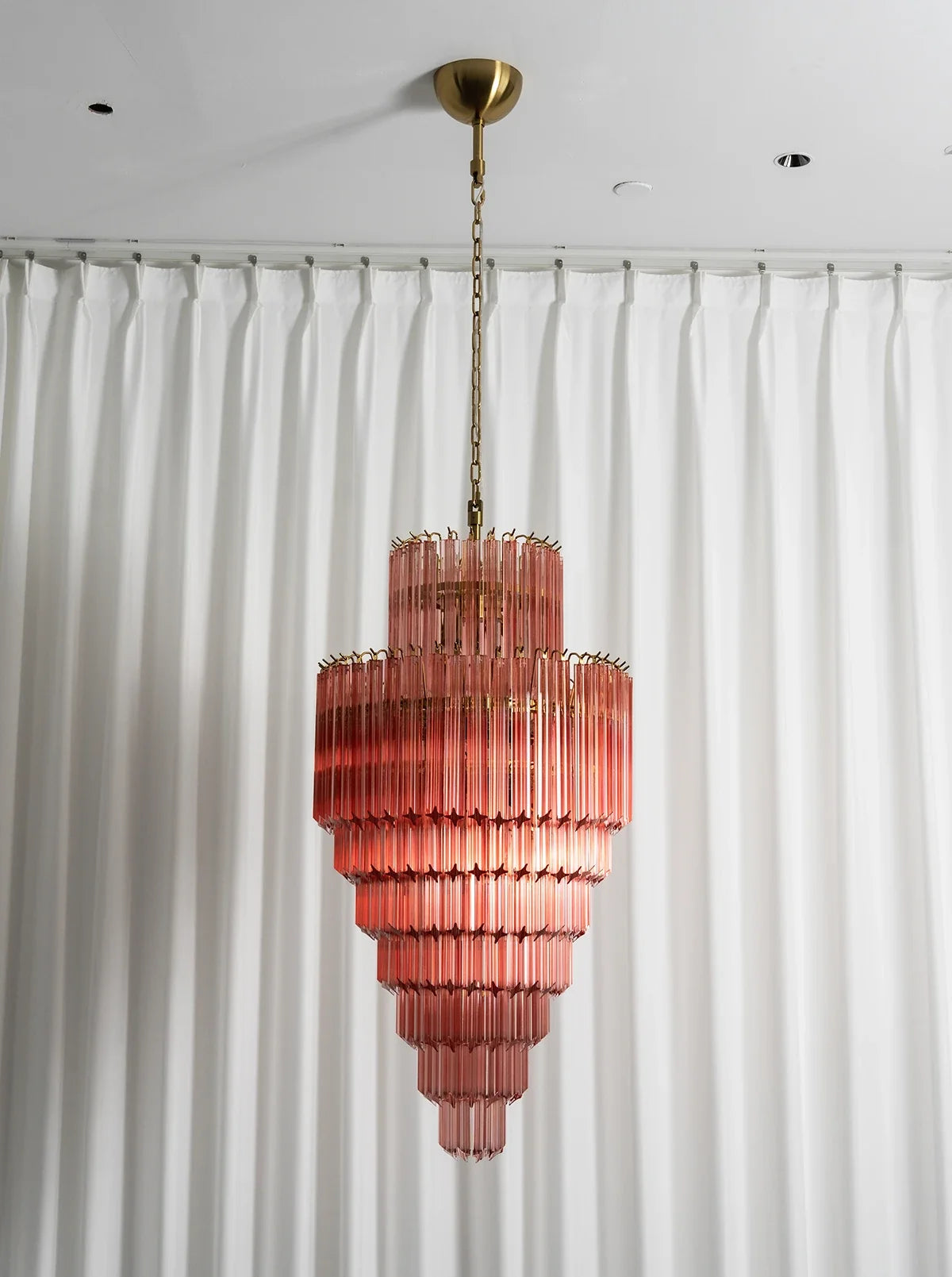 Pink Tiered Fluted Glass Waterfall Chandelier