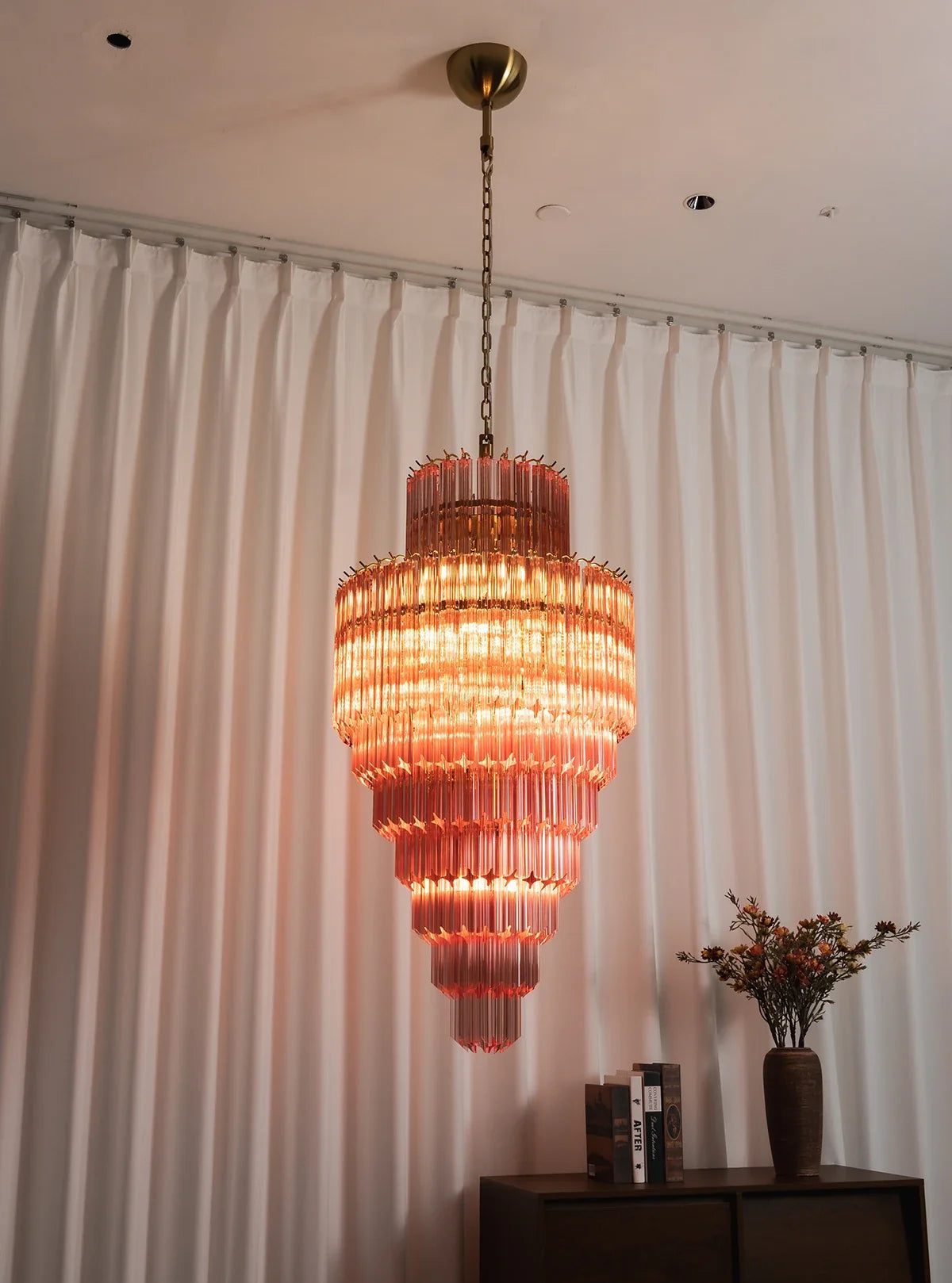Pink Tiered Fluted Glass Waterfall Chandelier