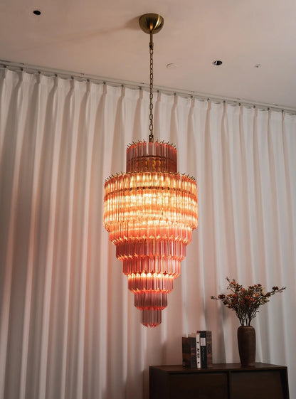 Pink Tiered Fluted Glass Waterfall Chandelier