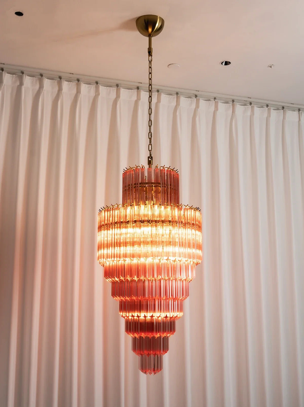 Pink Tiered Fluted Glass Waterfall Chandelier