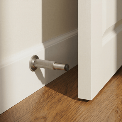 Residence Supply plint door stop mounted on a wall, designed to prevent door damage and keep doors open.