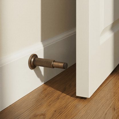 Residence Supply Plint Door Stop with rubber bumper and metallic finish to keep doors open or closed securely.