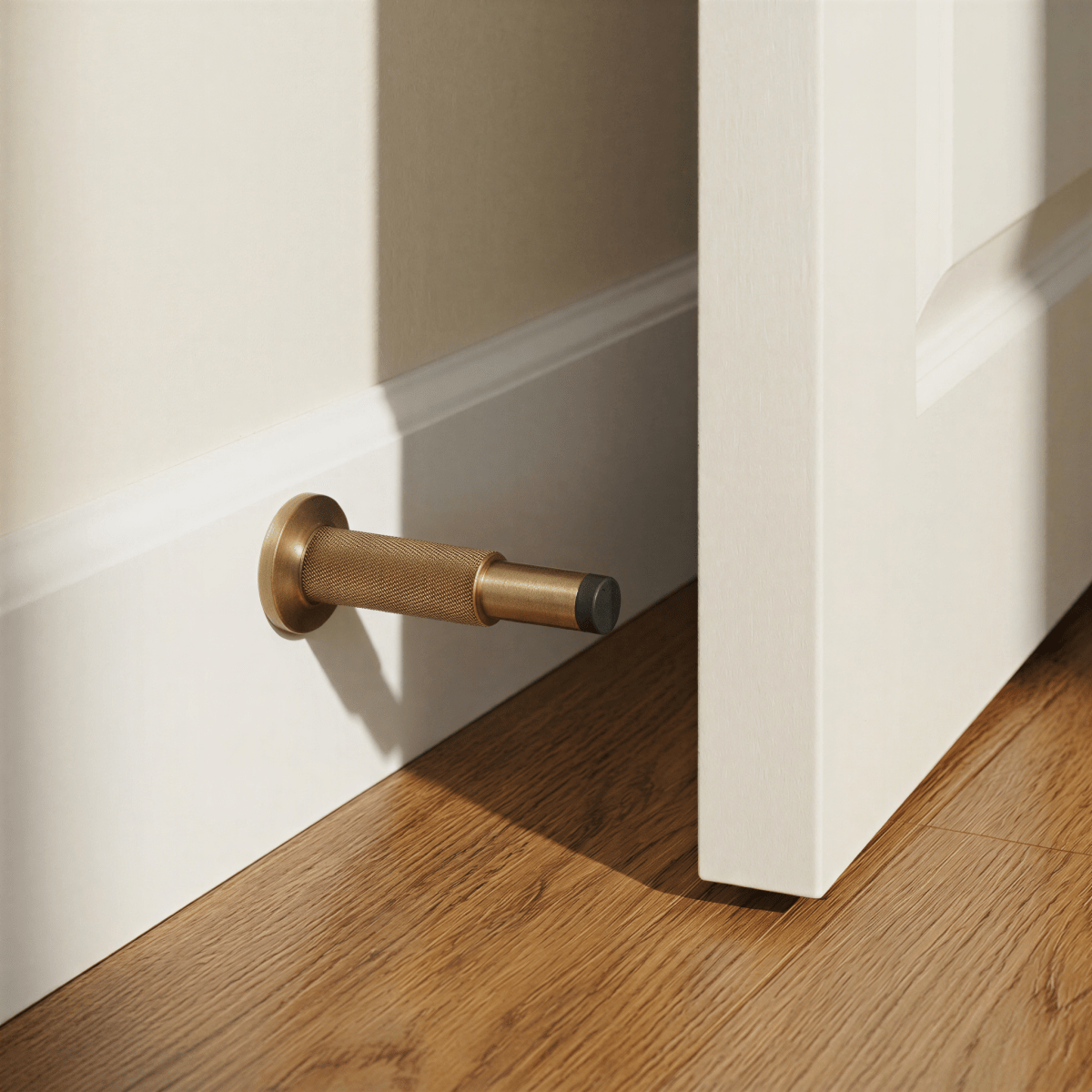 Residence Supply Plint Door Stop preventing door from slamming, with a sleek black design and durable rubber tip.