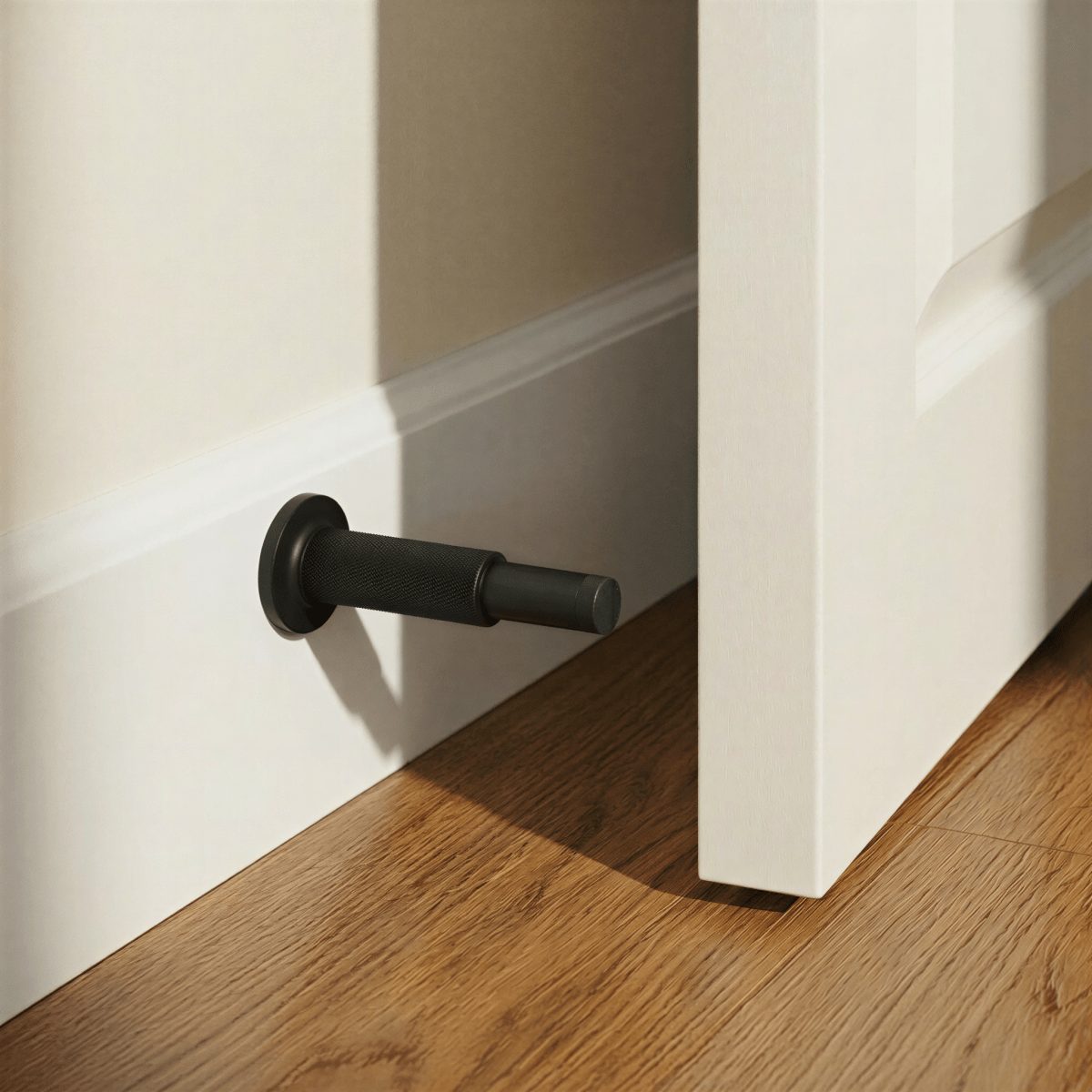 Residence Supply Plint Door Stop in black, featuring a sleek design to prevent door movement and protect walls.