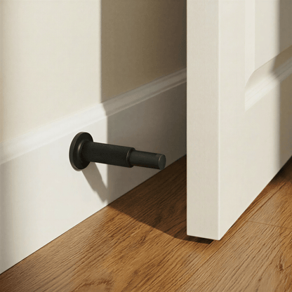 Residence Supply Plint Door Stop in black, featuring a sleek design to prevent door movement and protect walls.