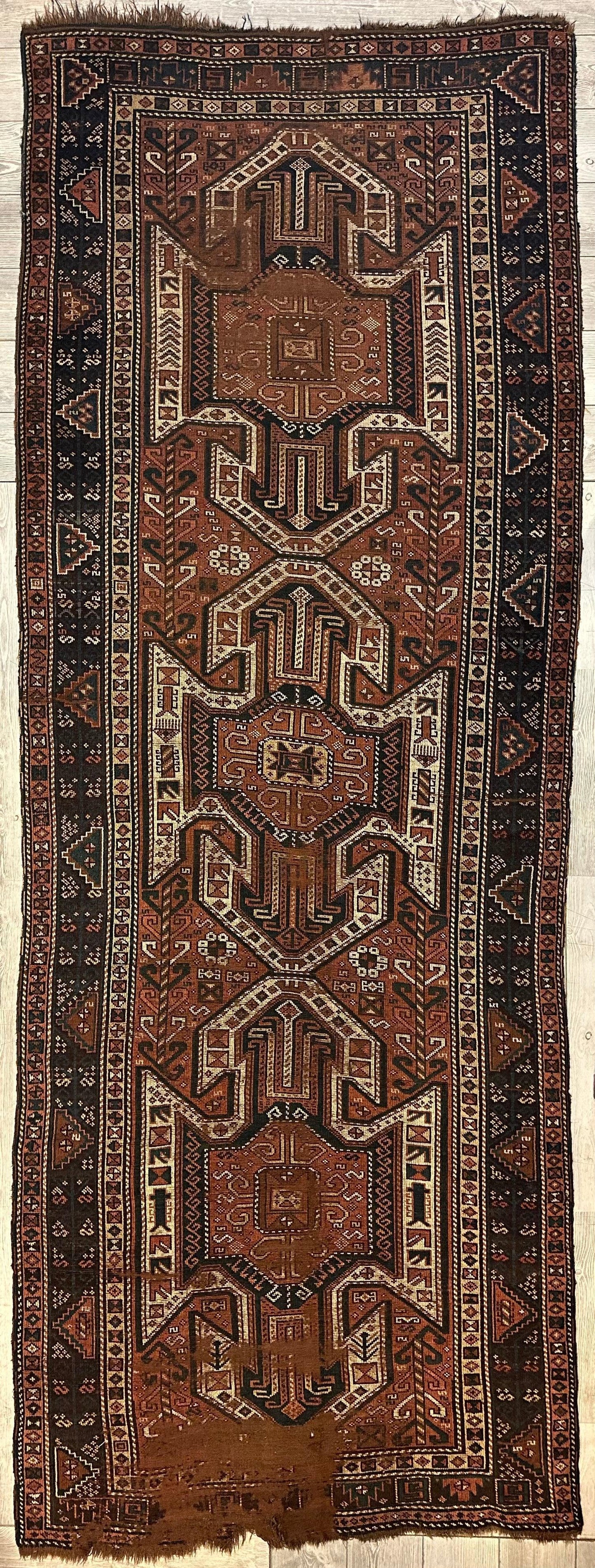 Pre-1900 Triple Shield Sewan Kazak Rug, 4’4”x11’7” - Nuvé