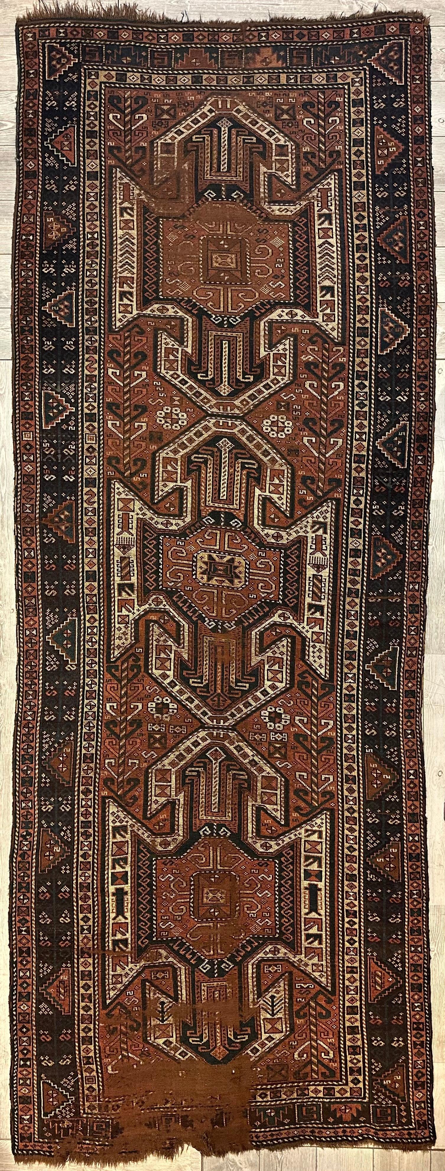 Pre-1900 Triple Shield Sewan Kazak Rug, 4’4”x11’7” - Nuvé