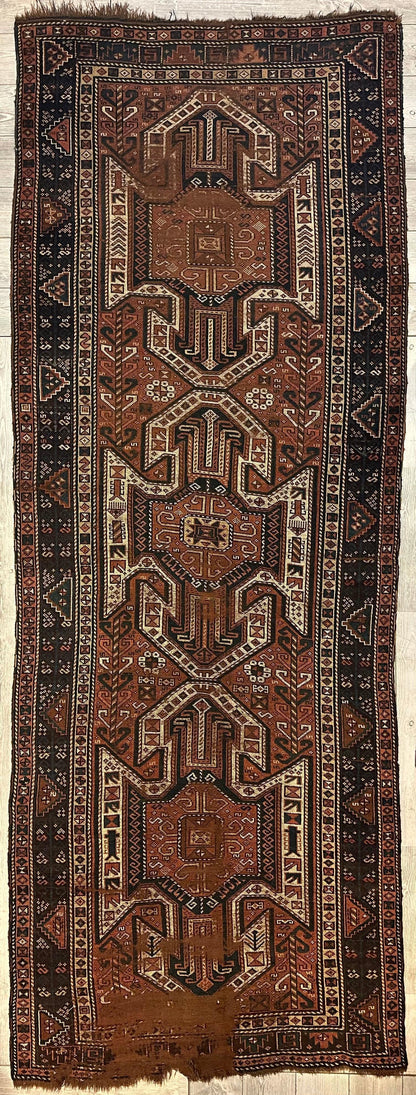 Pre-1900 Triple Shield Sewan Kazak Rug, 4’4”x11’7” - Nuvé