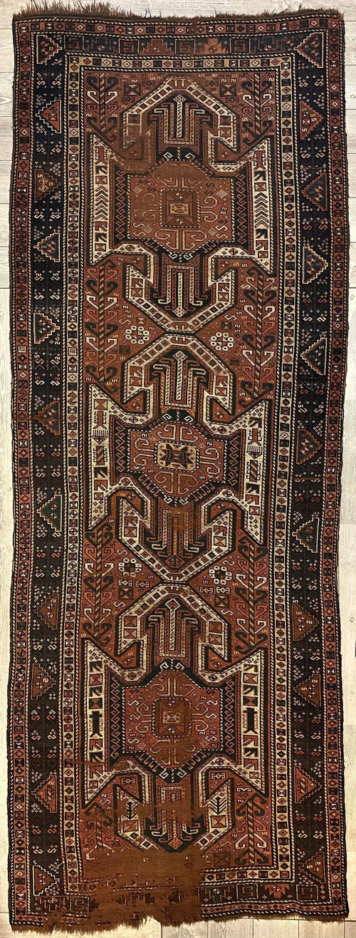 Pre-1900 Triple Shield Sewan Kazak Rug, 4’4”x11’7” - Nuvé