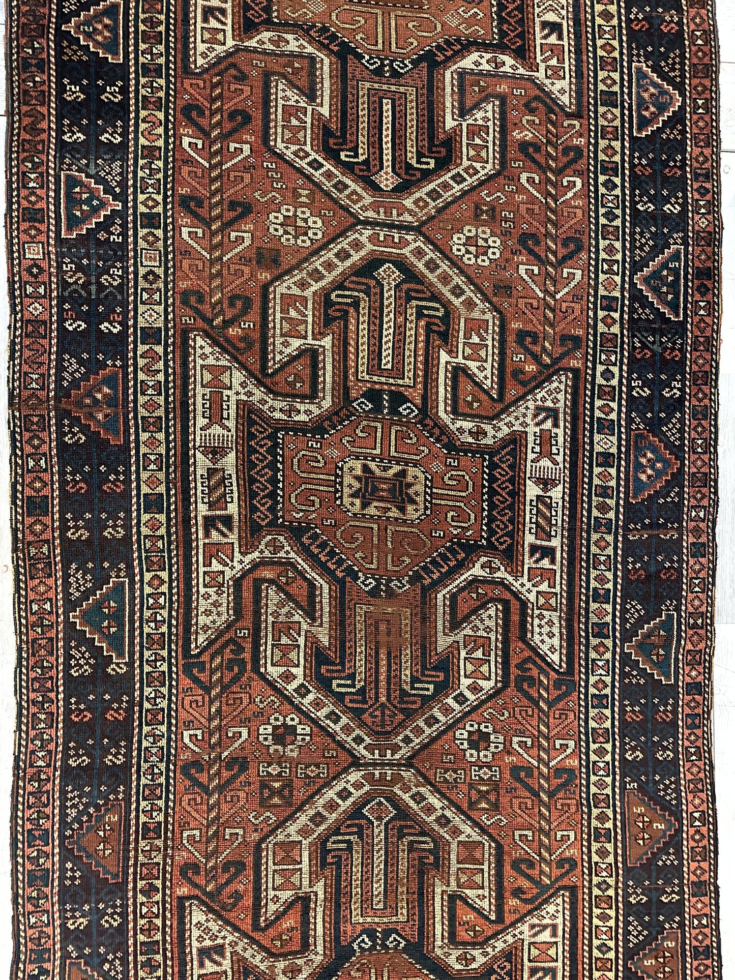 Pre-1900 Triple Shield Sewan Kazak Rug, 4’4”x11’7” - Nuvé
