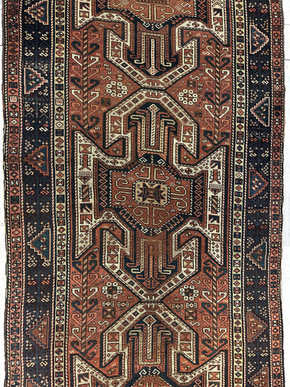 Pre-1900 Triple Shield Sewan Kazak Rug, 4’4”x11’7” - Nuvé