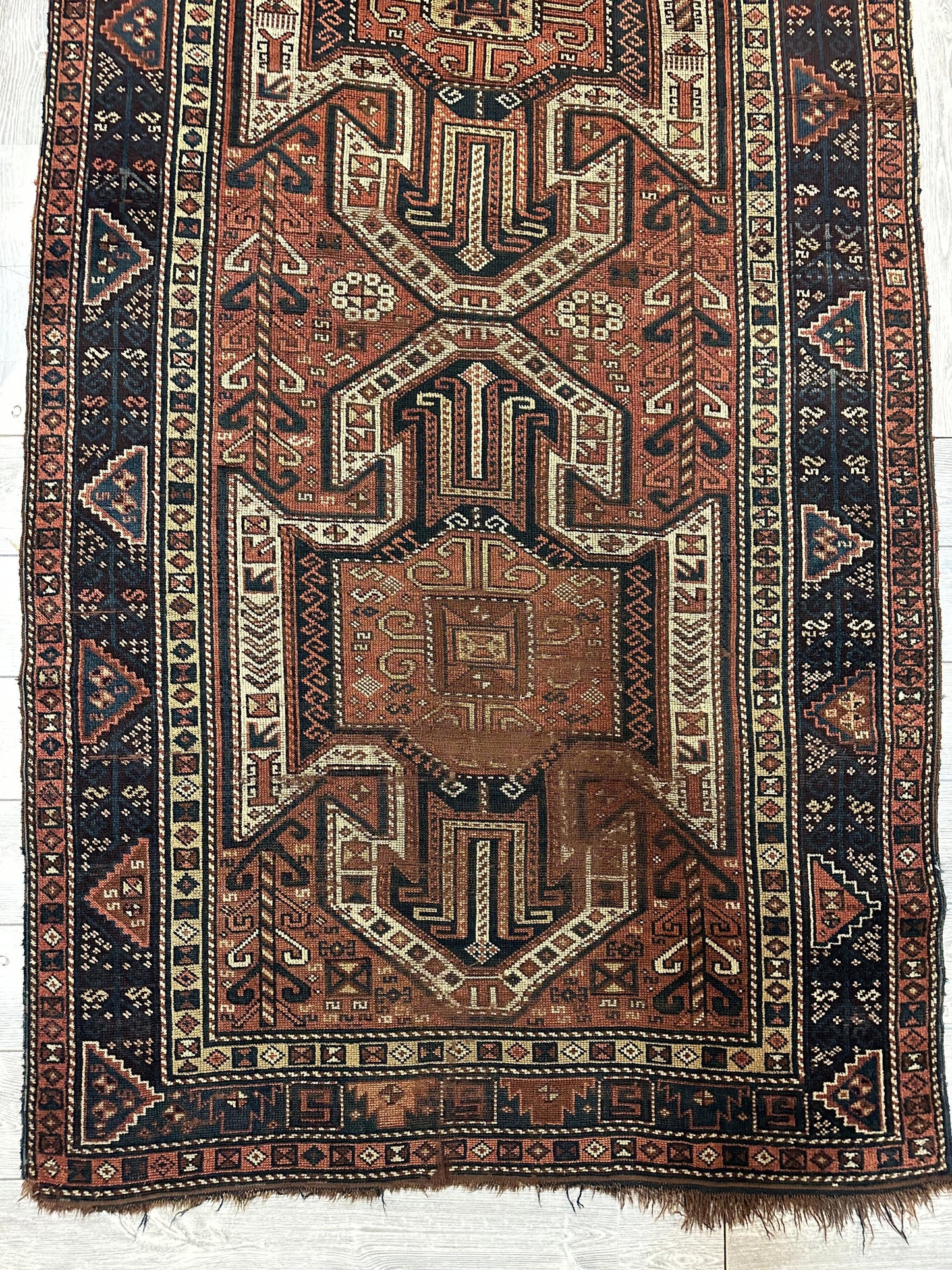 Pre-1900 Triple Shield Sewan Kazak Rug, 4’4”x11’7” - Nuvé