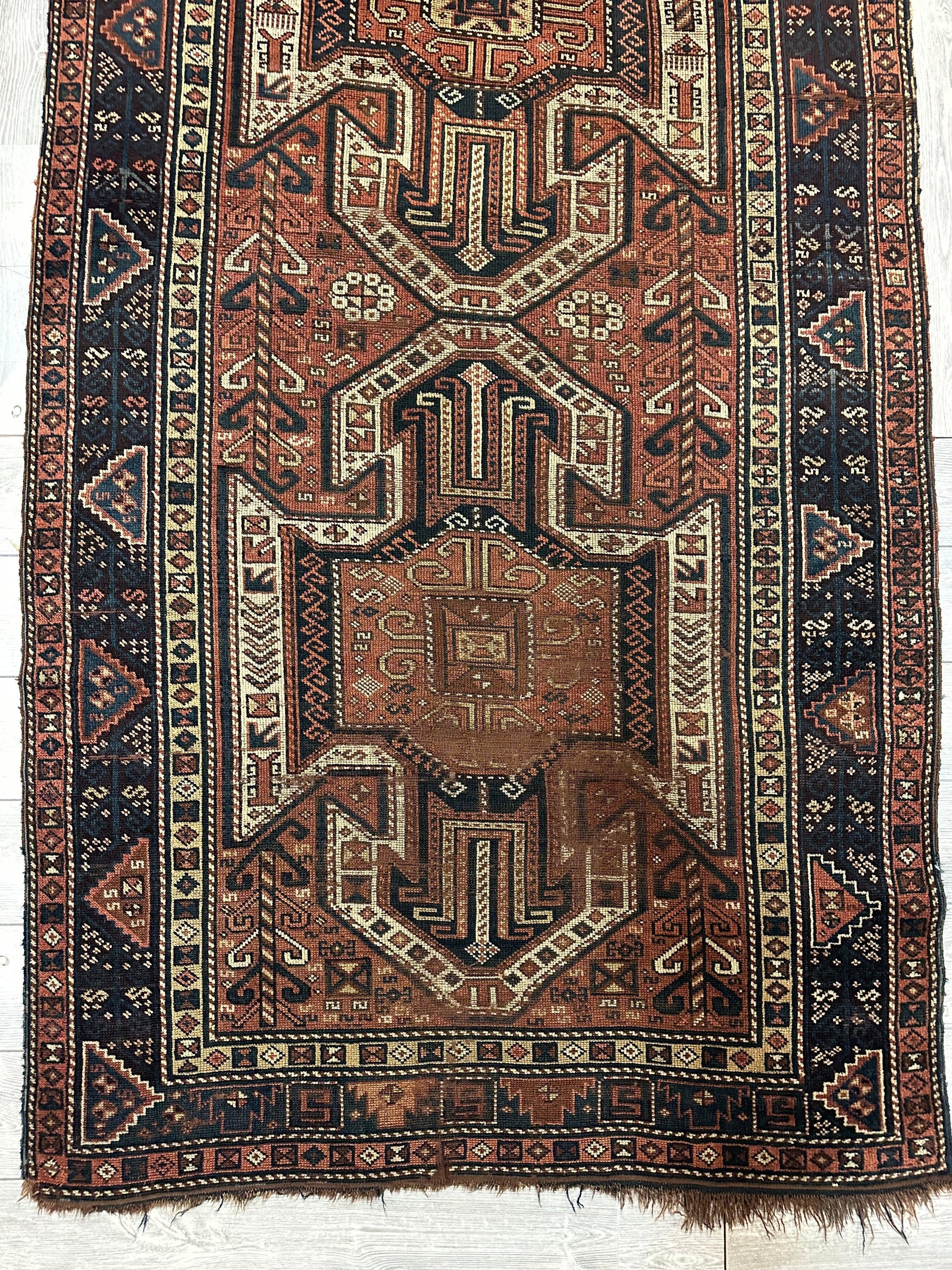 Pre-1900 Triple Shield Sewan Kazak Rug, 4’4”x11’7” - Nuvé