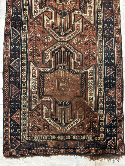 Pre-1900 Triple Shield Sewan Kazak Rug, 4’4”x11’7” - Nuvé