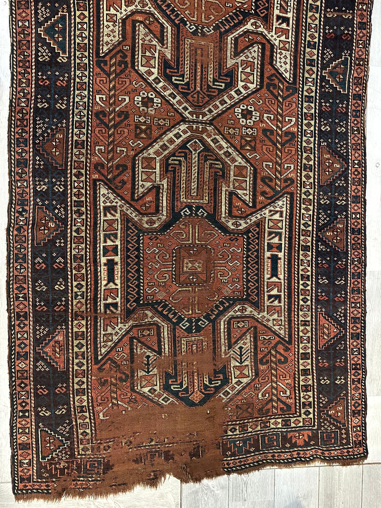 Pre-1900 Triple Shield Sewan Kazak Rug, 4’4”x11’7” - Nuvé
