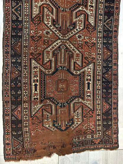 Pre-1900 Triple Shield Sewan Kazak Rug, 4’4”x11’7” - Nuvé