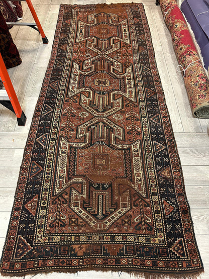 Pre-1900 Triple Shield Sewan Kazak Rug, 4’4”x11’7” - Nuvé