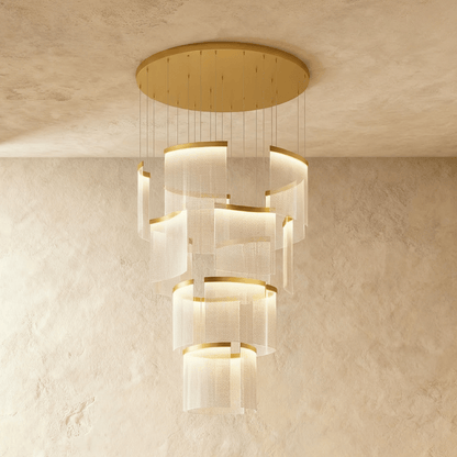 Elegant Primus Chandelier with multiple glass arms and intricate metalwork, perfect for modern or classic interior lighting.