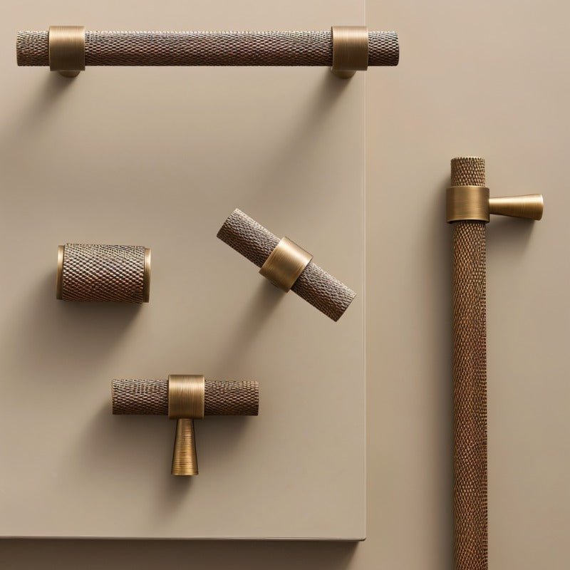 Brass Qaris Pull Bar with knurled design, ideal for cabinet handles in home and garden hardware applications.