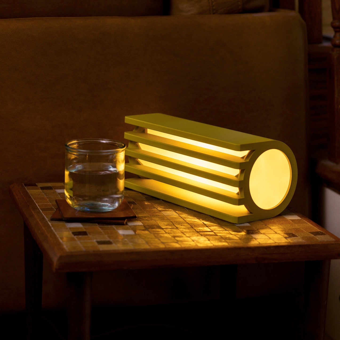 Terra Labs Radiator Table Lamp with mustard-colored shade and sleek design, perfect for modern living spaces.