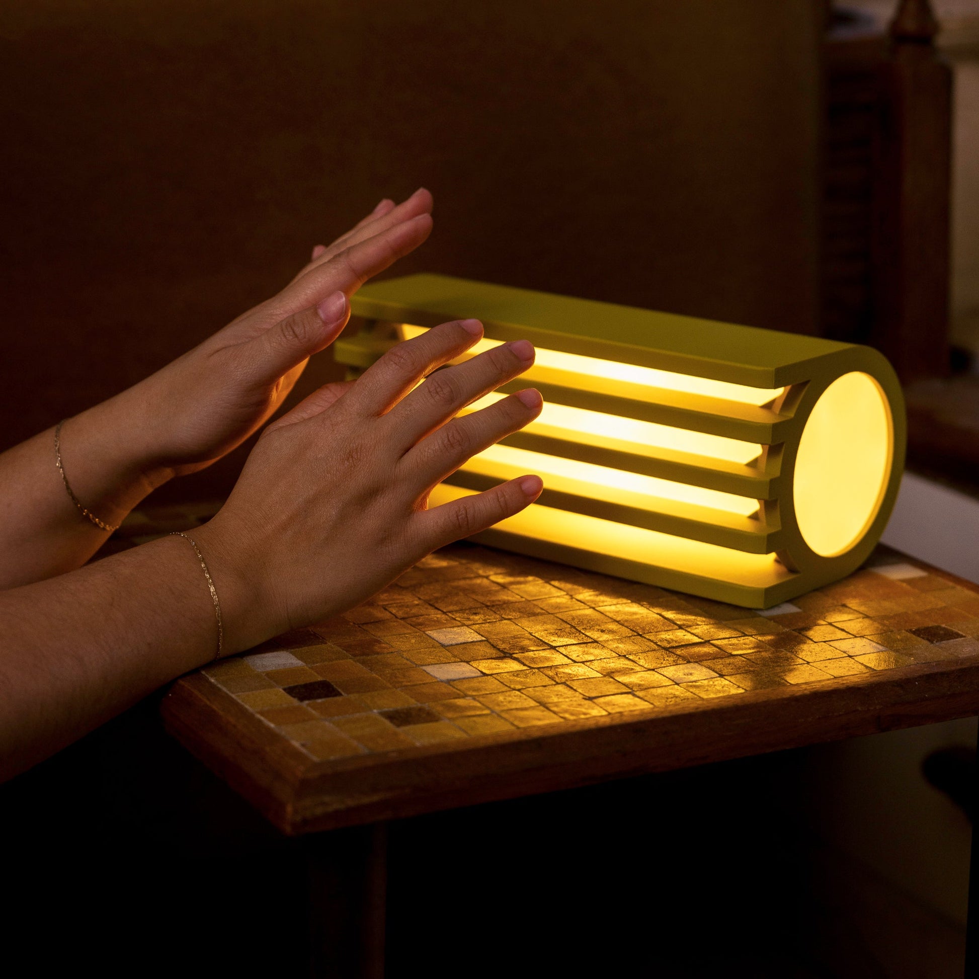Terra Labs radiator-inspired mustard yellow table lamp with a sleek, modern design perfect for contemporary interiors.
