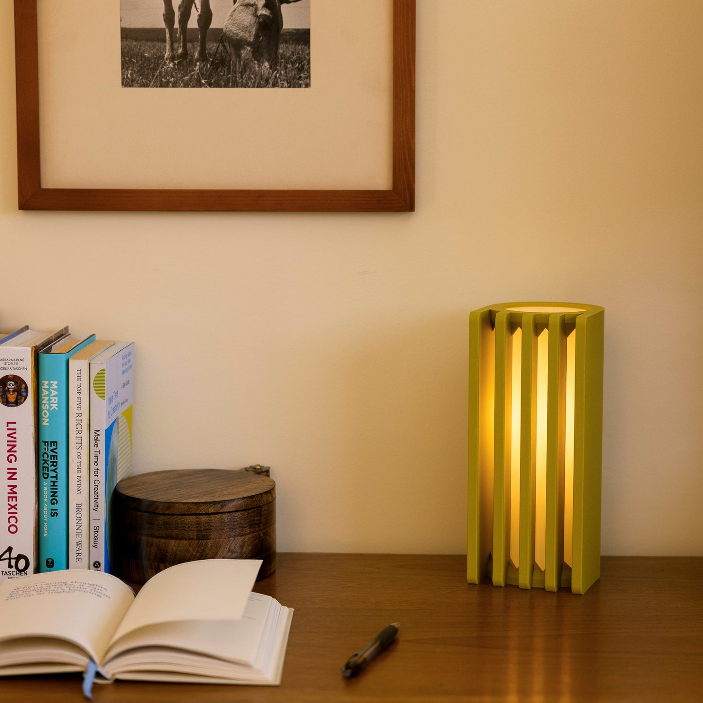Terra Labs radiator-style mustard yellow table lamp with sleek, modern design and cylindrical shape, perfect for contemporary interiors.