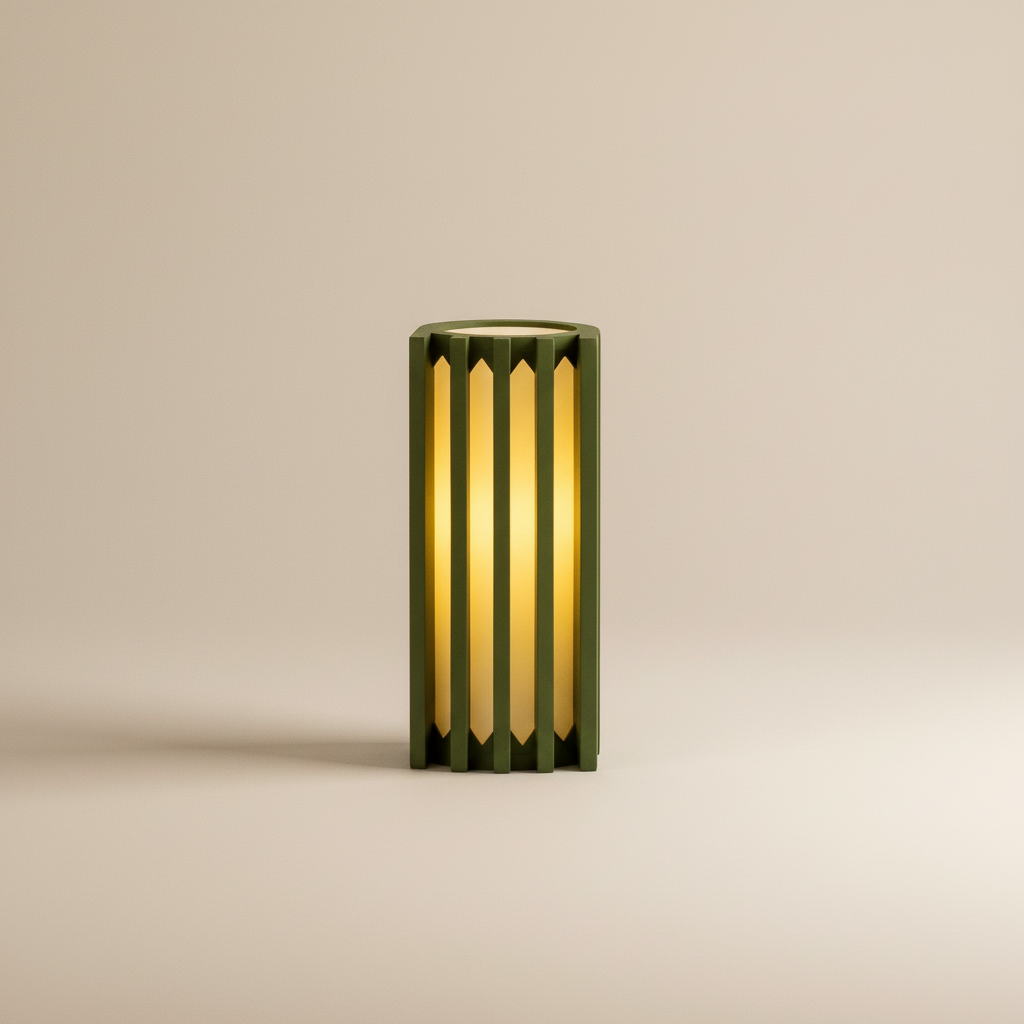 Terra Labs radiator-shaped olive green table lamp with a modern design, placed on a wooden surface.