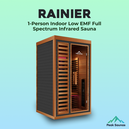 Peak Saunas Rainier 1-Person Full Spectrum Infrared Sauna with XL Medical-Grade Red Light Therapy & Smart WiFi App Control - Nuvé