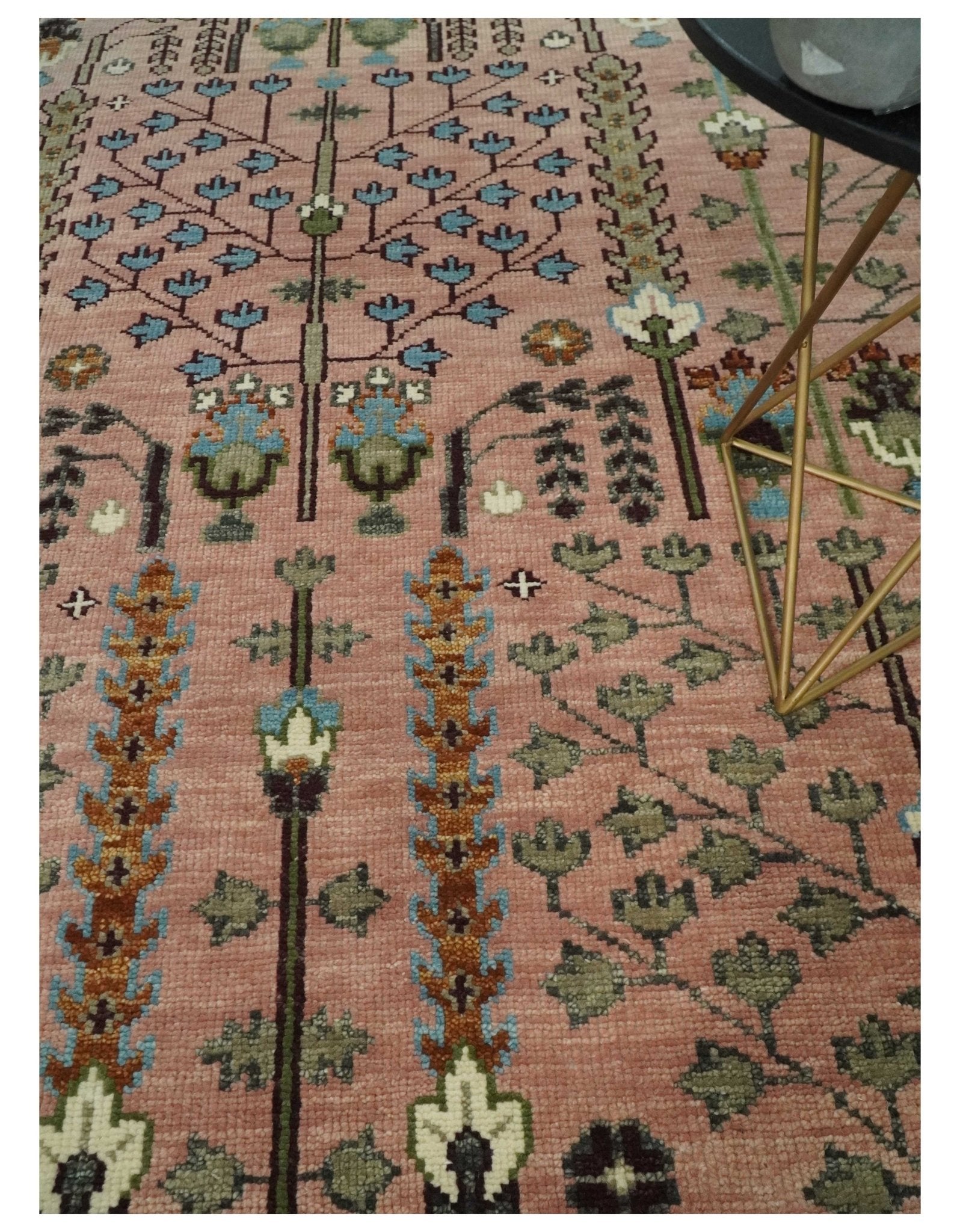 Ready to Ship Pink, Olive and Beige Traditional Vintage Style Tree Wool Rug - Nuvé