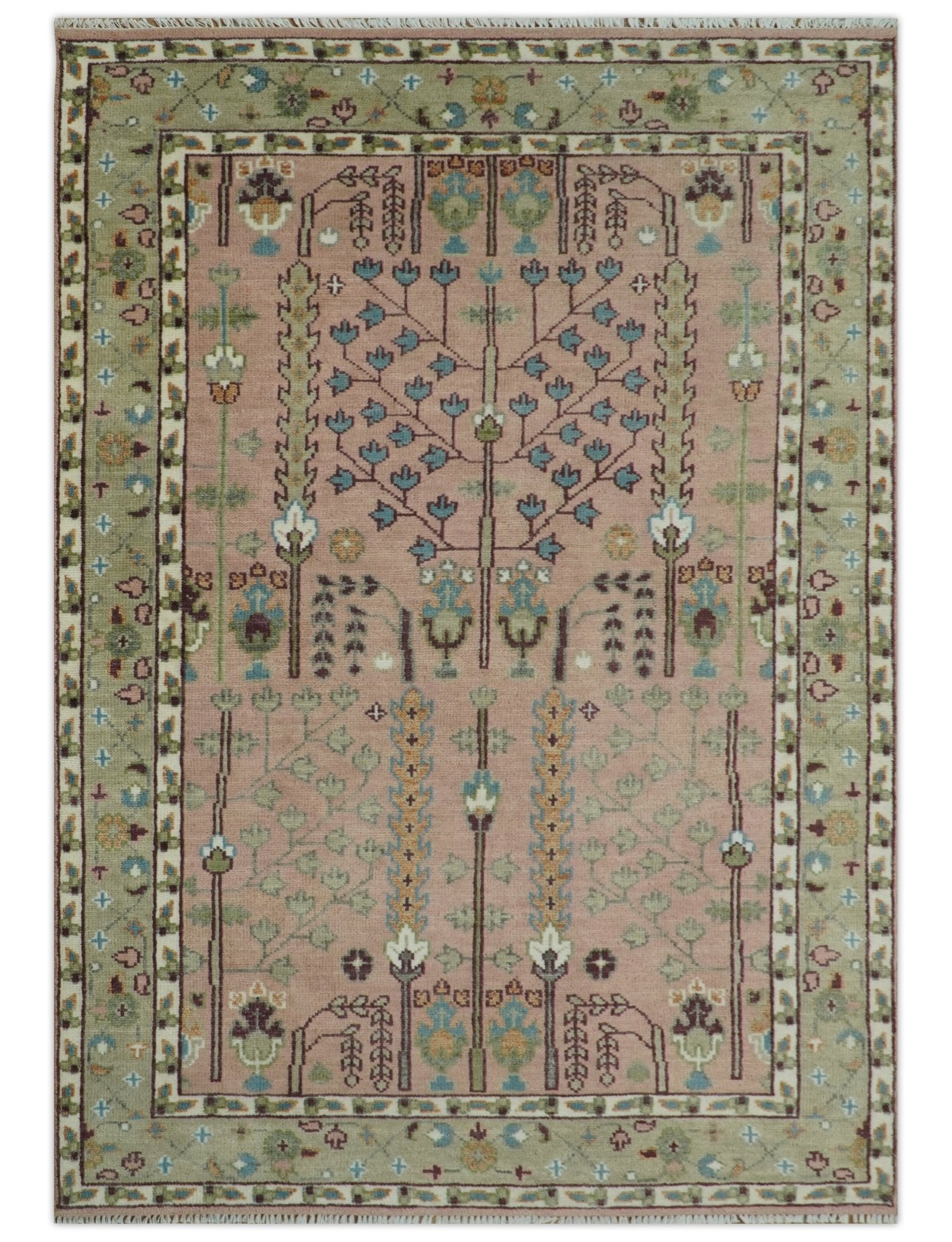 Ready to Ship Pink, Olive and Beige Traditional Vintage Style Tree Wool Rug - Nuvé