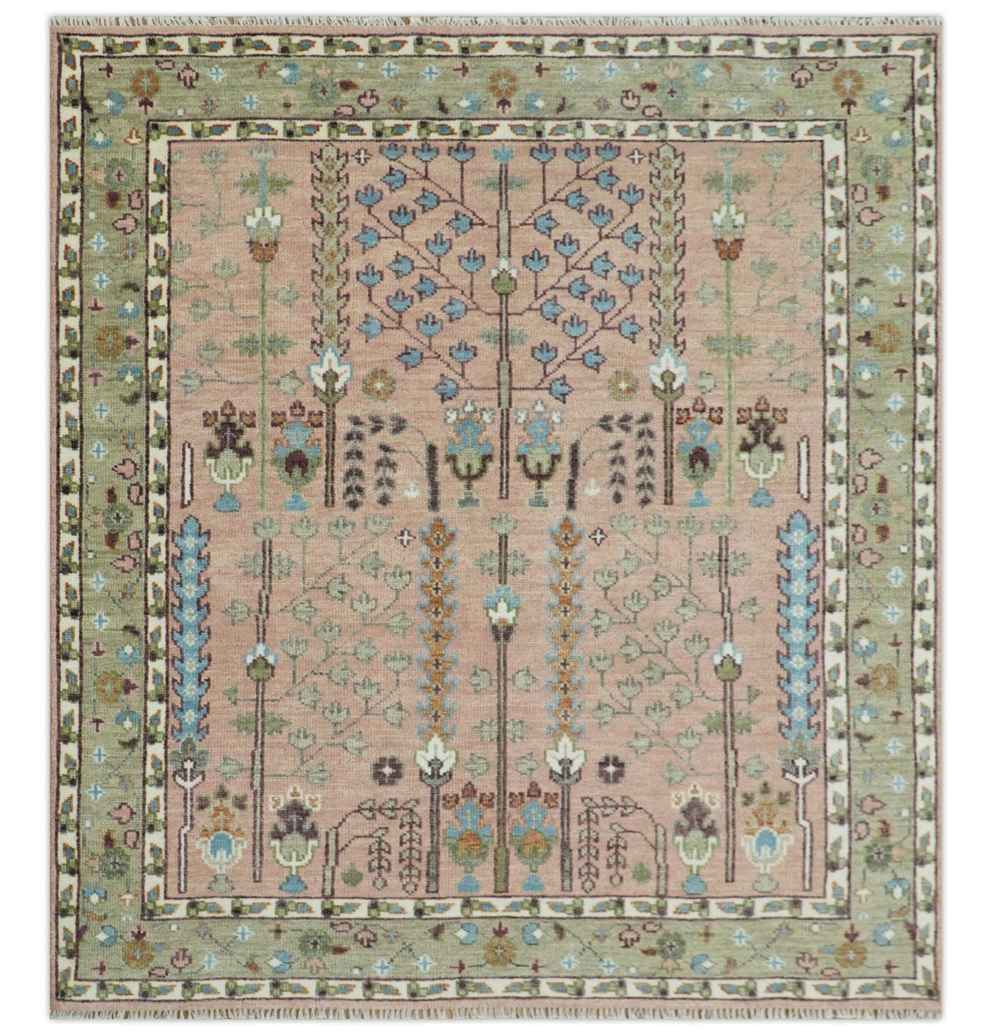 Ready to Ship Pink, Olive and Beige Traditional Vintage Style Tree Wool Rug - Nuvé