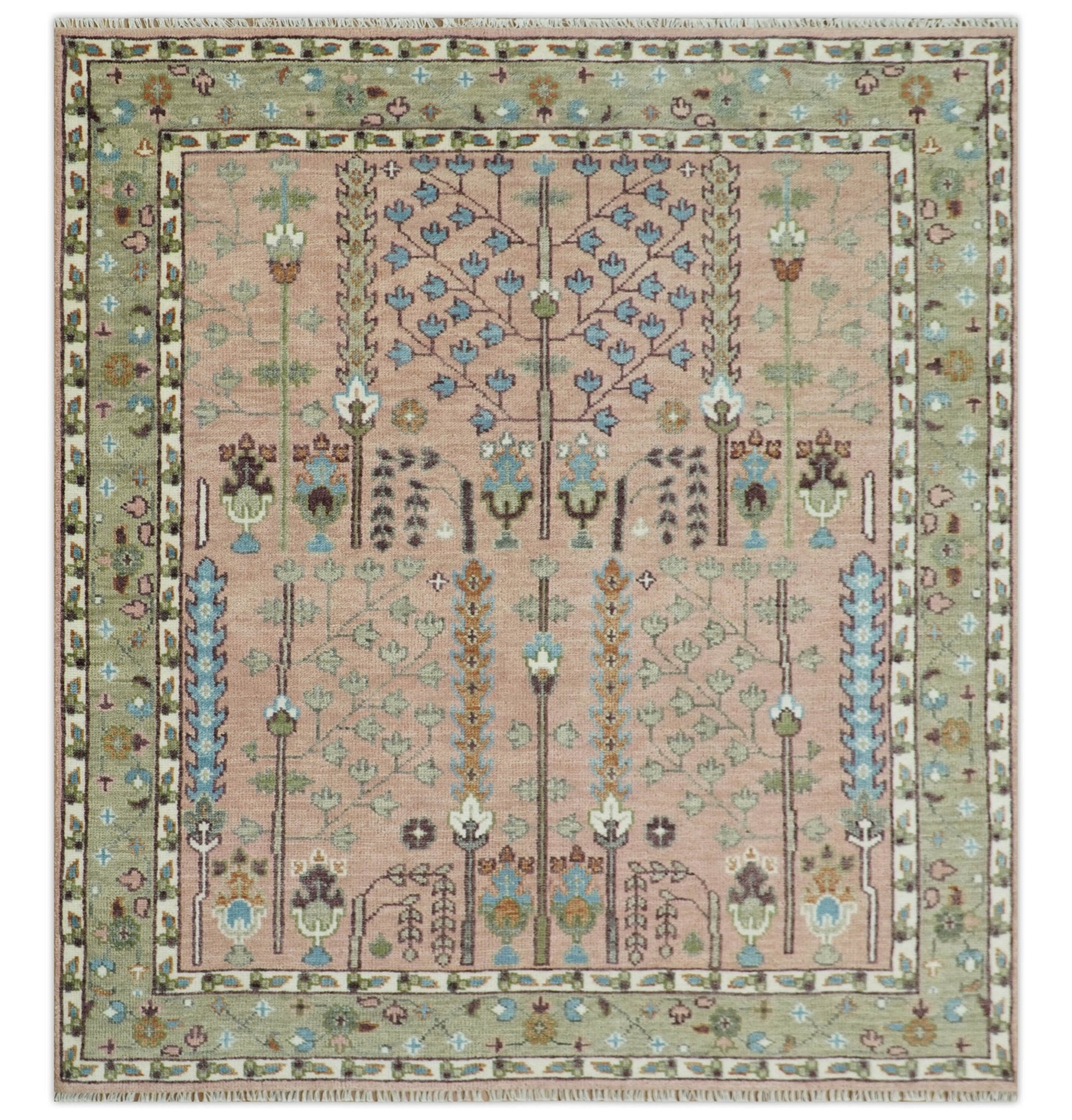 Ready to Ship Pink, Olive and Beige Traditional Vintage Style Tree Wool Rug - Nuvé