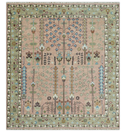 Ready to Ship Pink, Olive and Beige Traditional Vintage Style Tree Wool Rug - Nuvé