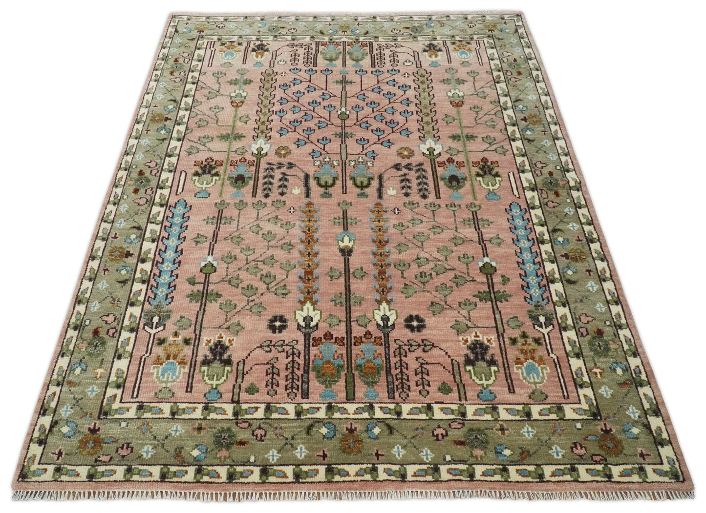 Ready to Ship Pink, Olive and Beige Traditional Vintage Style Tree Wool Rug - Nuvé