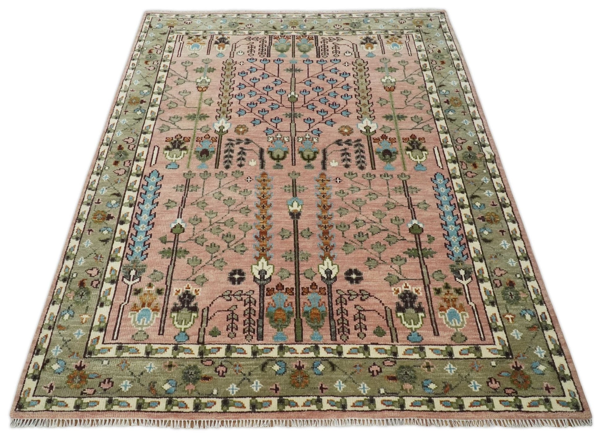 Ready to Ship Pink, Olive and Beige Traditional Vintage Style Tree Wool Rug - Nuvé