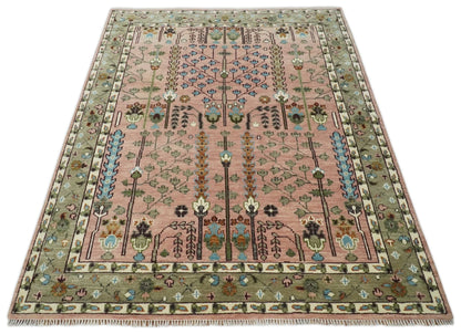 Ready to Ship Pink, Olive and Beige Traditional Vintage Style Tree Wool Rug - Nuvé