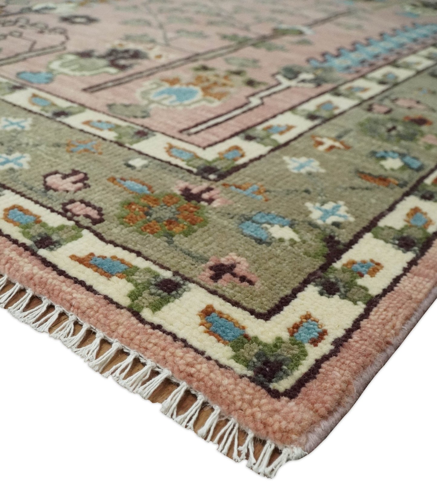 Ready to Ship Pink, Olive and Beige Traditional Vintage Style Tree Wool Rug - Nuvé