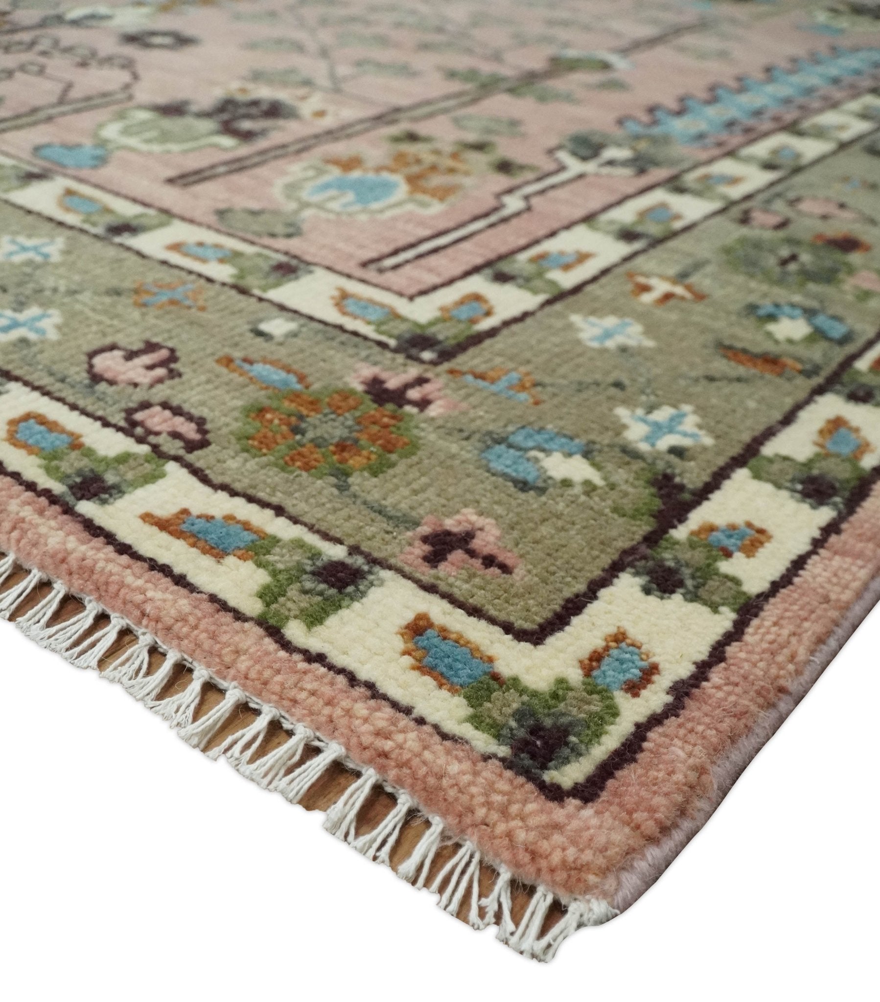 Ready to Ship Pink, Olive and Beige Traditional Vintage Style Tree Wool Rug - Nuvé