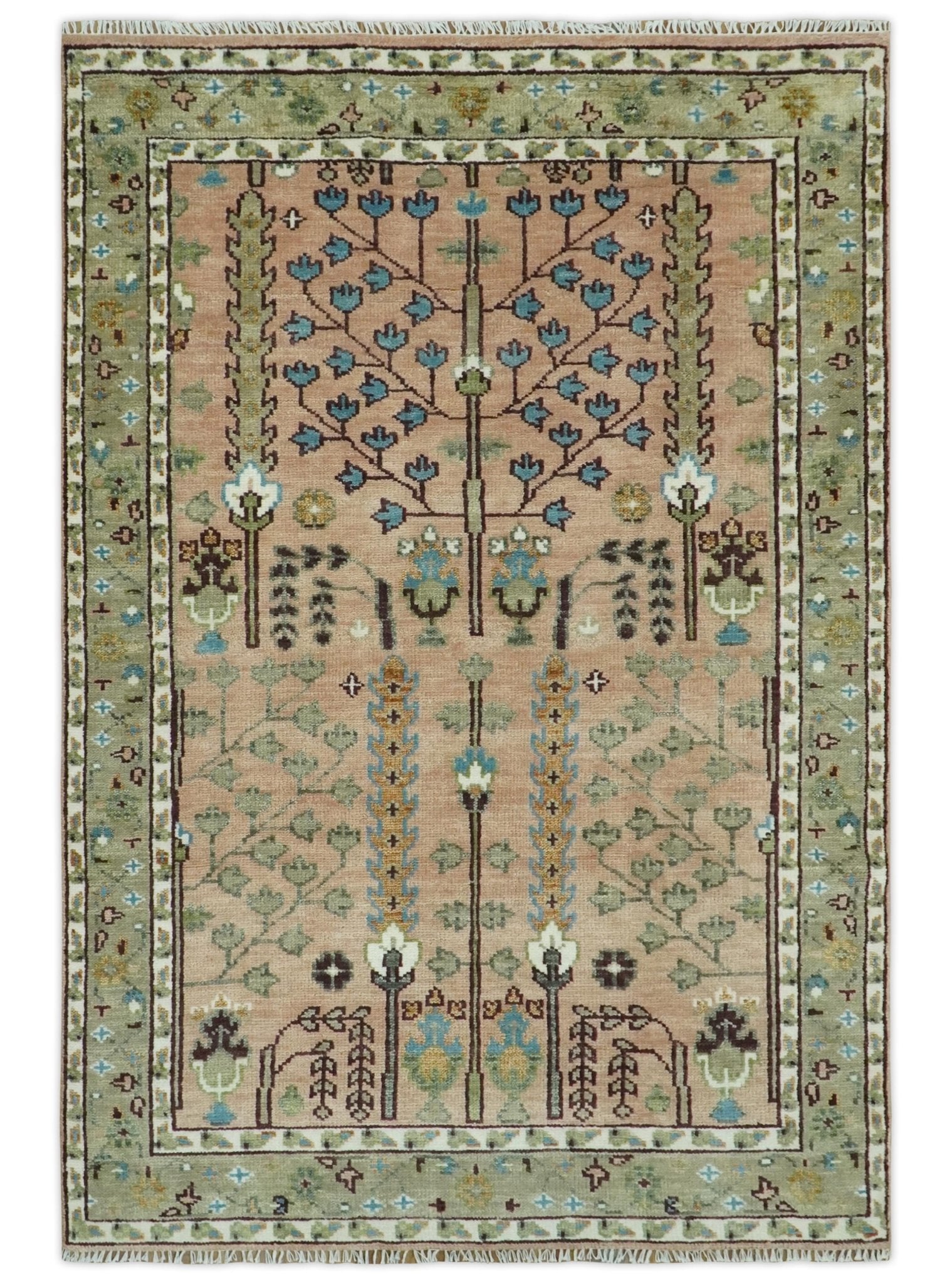 Ready to Ship Pink, Olive and Beige Traditional Vintage Style Tree Wool Rug - Nuvé