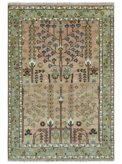 Ready to Ship Pink, Olive and Beige Traditional Vintage Style Tree Wool Rug - Nuvé